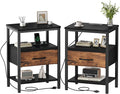 DUMOS Nightstand Set of 2 with Wireless Charging Station Bed Side Tables with Adjustable Fabric Drawers 3-Tier Storage End Tables Modern Design,Black and Brown