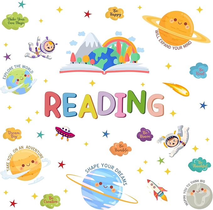 HLNIUC Reading Wall Decor 61pcs Inspirational Wall Decal Cartoon Universe Themed Motivational Art Sticker Colourful Positive Saying Peel and Stick Sticker Decoration for Kid Classroom Reading Corner