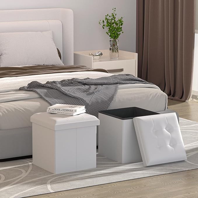 MoNiBloom 15 Inch Storage Ottoman Cube, 11 Gal. Folding Ottoman Foot Rest Stool, PU Leather Small Footrest with Storage for Living Room, Bedroom, Entryway, Hallway, White