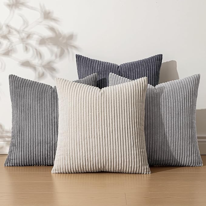 EMEMA Neutral Grey Decorative Throw Pillow Covers 16x16 Inch Set of 4 Boho Farmhouse Corduroy Striped Square Pillow Case,Western Modern Cushion Covers for Couch Bed Livingroom Home Decor
