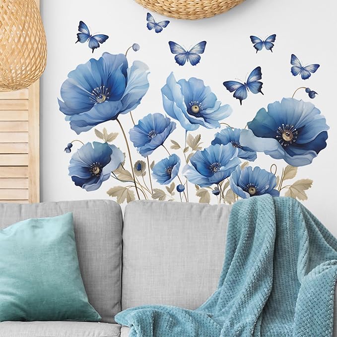TUOKING Blue Flowers Wall Stickers Removable Butterfly Wall Murals Peel and Stick Wall Art Decal Home Decor for Kitchen,Bedroom,Living Room(fun-c13)