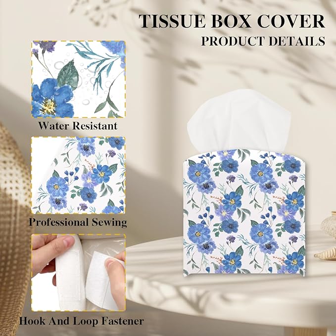 Blue Flowers Tissue Box Cover, Blue Floral Tissue Holder Square with Bottom Belt for Home Bathroom Office Vanity Countertop, Housewarming Gifts Ideas for Women Friends Mom Bestie -05
