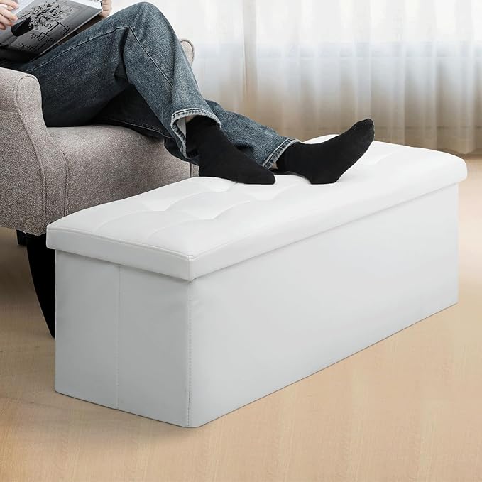 MoNiBloom 43 Inch Storage Ottoman Bench, 34 Gal. Folding Ottoman Footrest, End of Bed Bench, Rectangle Foot Stool, Supports 600 lbs, for Bedroom, Living Room, Entryway, Hallway, White