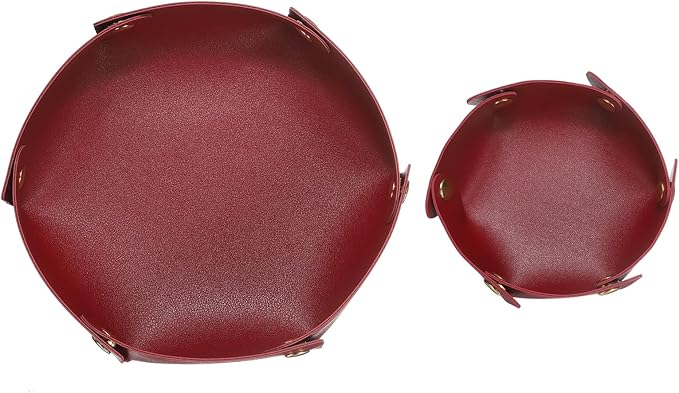 HARFINGTON 2pcs PU Leather Valet Tray Unisex Valet Tray Folding Round Catchall Tray Portable Entryway Table Tray Nightstand Bedside Desk Tray for Key Watch Coin Jewelry Dice, Wine Red