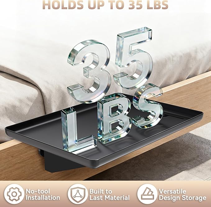 Bedside Shelf Dorm Bunk Bed, Bedside Caddy Shelf Dorm Bed, No Drill College Nightstand Organizer for Personal Items Books Glasses Apartment Bedroom Compact Space Solution Small+Black