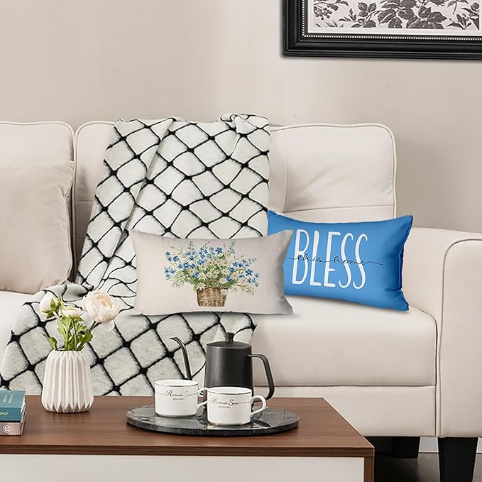Spring Pillow Covers 12x20 Inch Set of 4 Home Sweet Home Daisy Floral Blue Throw Pillows Decorative Pillow Cases Summer Seasonal Farmhouse Decorations for Sofa Couch