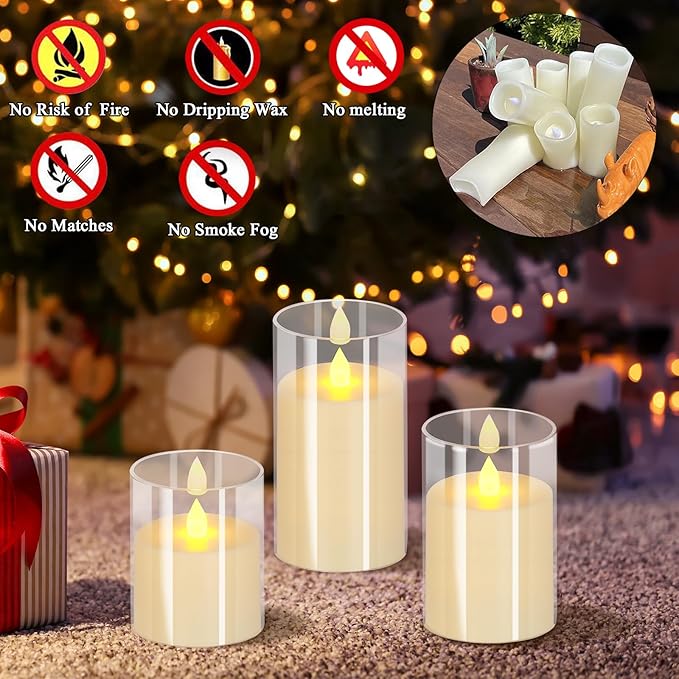 wemarry Flameless Candles 4" 5" 6" Acrylic Glass Pillars 3" Diameter Battery Operated Flickering Candles Include 8-Key Remote with Timer Function 400+ Hours (Pure White, Warm Light 12 Pack)