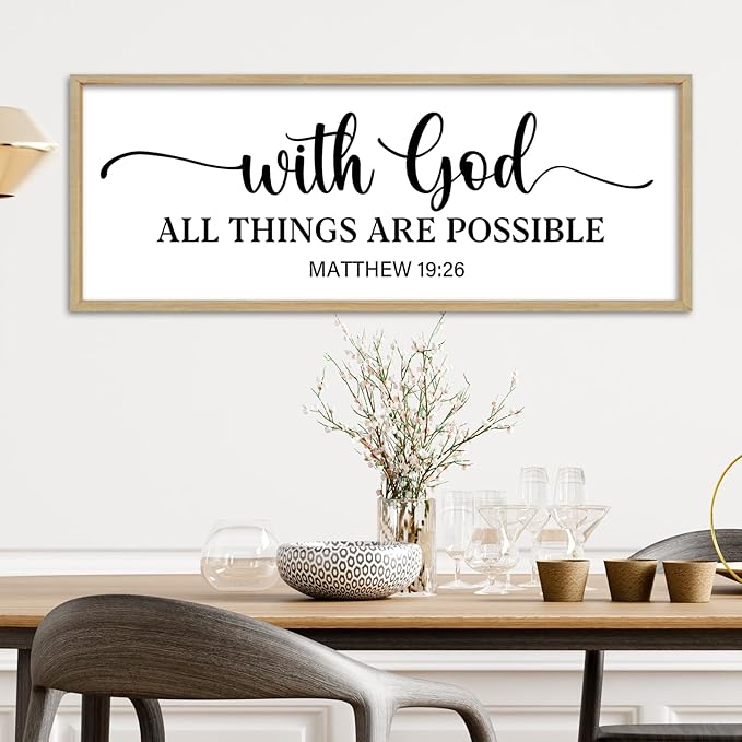 With God All Things Are Possible Sign Wall Decor 40"×15" Matthew 19:26 Bible Verse Jesus Religious Christian Scripture Prayer Large Wooden Framed Wall Hanging Art (Wood)