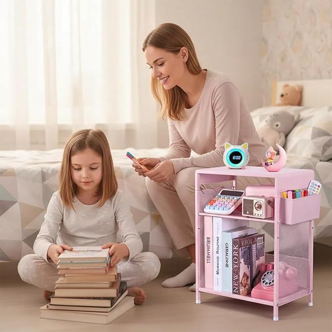 Kids Nightstand, 3-Tier Metal Side Table with Adjustable Storage Shelf, Basket & 3 S-Hooks, Small Bedside Table for Nursery, Toddler Bedroom and Small Spaces (Pink)
