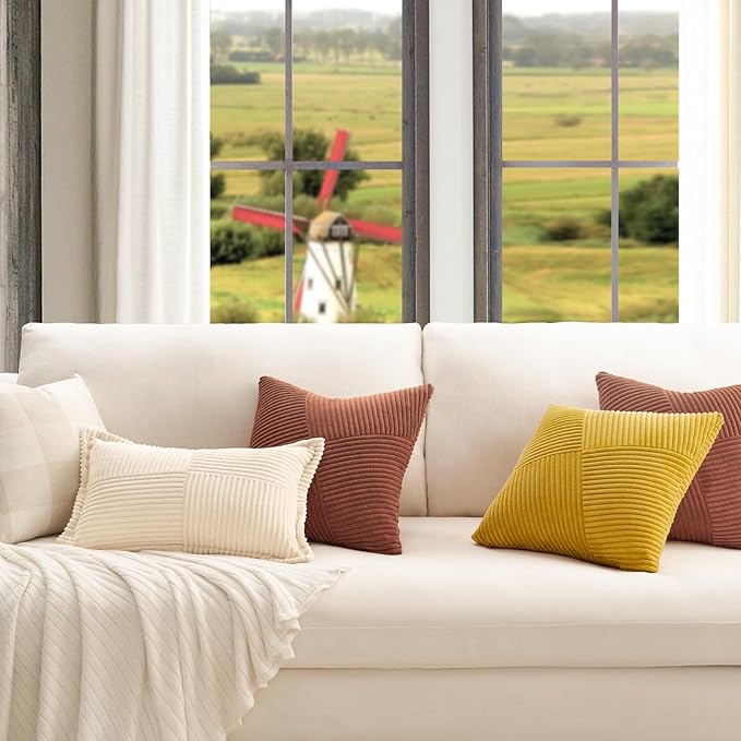 Topfinel 24x24 inches Terracotta Euro Pillow Shams Set of 2 Corduroy Decorative Throw Pillow Covers for Bedroom Living Room, Windmill Textured Striped Patchwork Couch Pillow Covers 60x60 cm