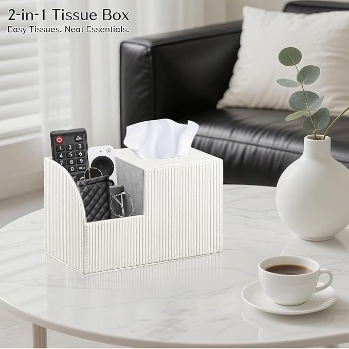 Fanousy Square Tissue Box Cover with Storage, PU Leather Cube Tissue Box Holder, Remote Control Nightstand Organizer, Modern Desk Caddy for End Table, Bathroom, Bedroom, Home, Office Decor