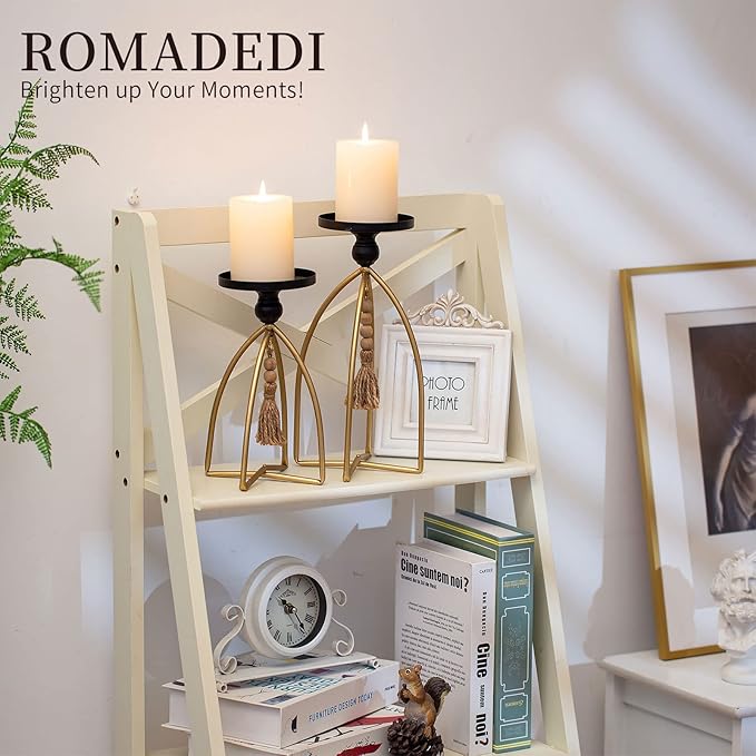 Romadedi Candle Holder Boho Decor - Set of 2 Metal Pillar Candle Stand with Beads for Living Room Mantle Shelf Farmhouse Table Centerpiece for Rustic Chic Home Decoration