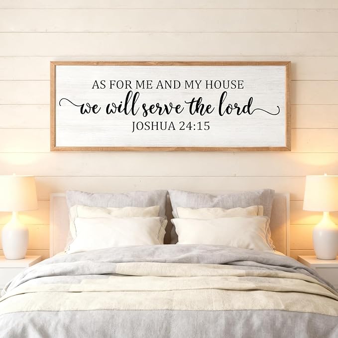 As For Me And My House We Will Serve The Lord Framed Wall Art, 40''×15'' Horizontal Positive Religious Rustic Bible Verse for Christian God Jesus Christ Prayer, Vintage Holy Catholic Scripture Decor
