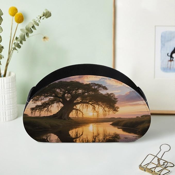 Big Trees in Sunset Remote Control Holder Organizer Box with 5 Compartment PU Leather Bedside Storage Caddy Remote Organizer for Controller Media Player Pen/Pencil Storage