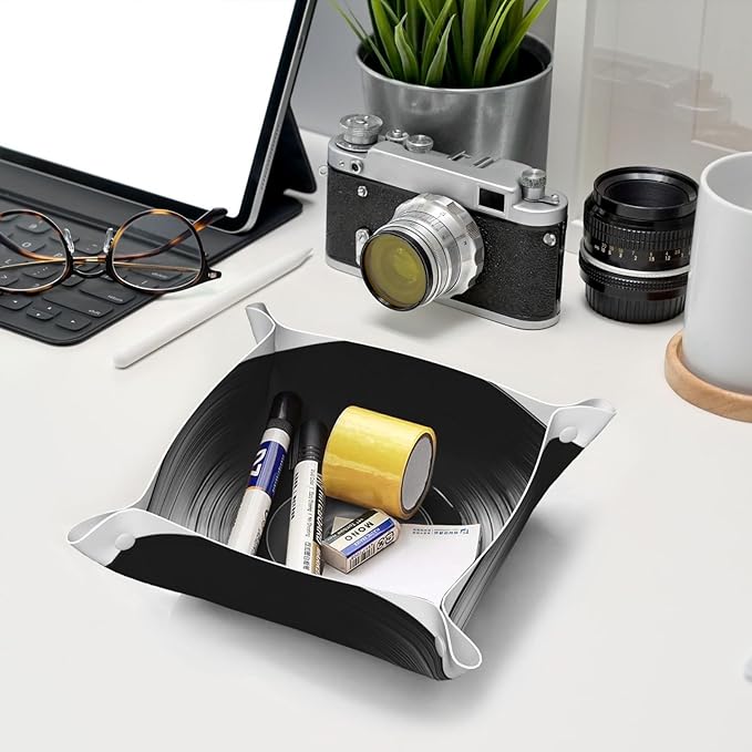 Single Black Vinyl Record Valet Tray Leather Desktop Storage Organizer Bedside For Keys Coin Candy Sundries