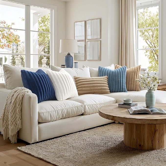 MIULEE Faux Fur Decorative Throw Pillow Covers 16x16 Inch Set of 2, Coastal Modern Art Home Decor Soft Plush Couch Pillows Cozy Fluffy Cushion Covers for Sofa Bed Navy Blue