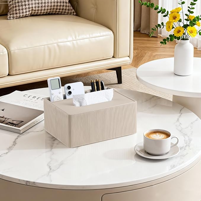 Tissue Box Cover Rectangle with 2 Compartments Remote Holder, PU Leather Tissue Box Holder Rectangle for Livingroom NightStand, Tissue Holder for 120(3-Ply)/160(2-Ply) Tissue Box (Beige)