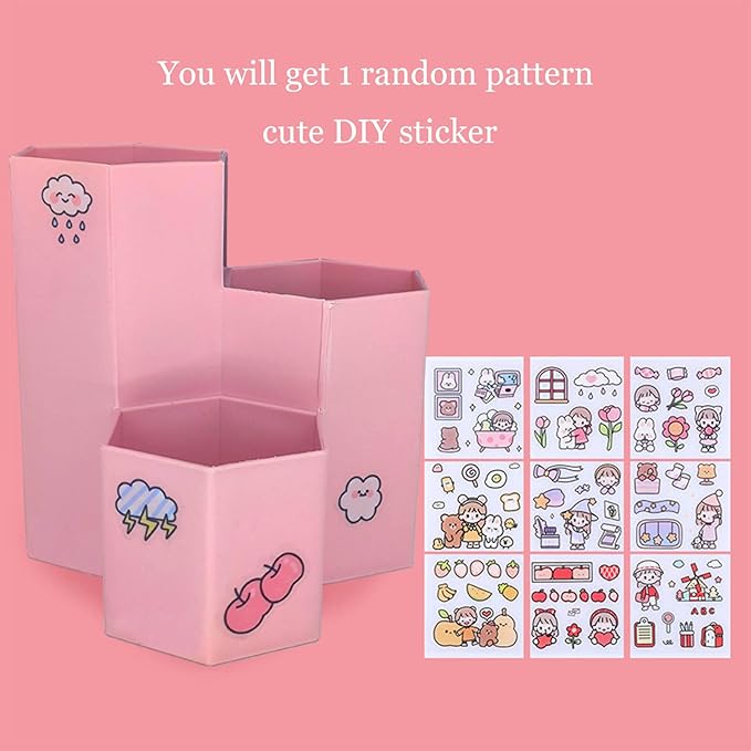 Desk Pencil Pen Holder, 3 Slots Desk Organizer, Office Supplies Accessory, Cute Desktop Storage Box for Home School Office Art Supply, Pencil Cup, Desktop Stationary Organizer (Pink)