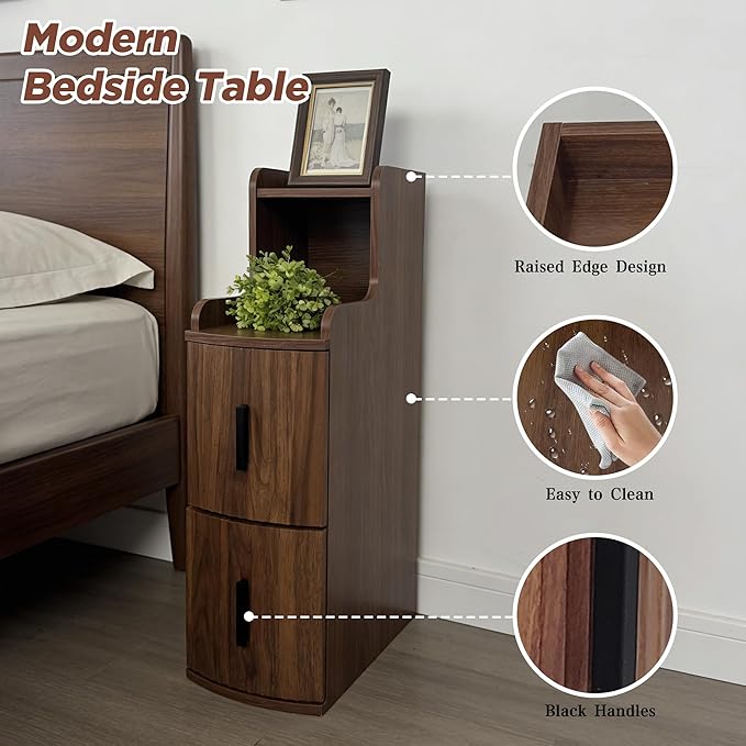 Narrow End Tables Set of 2 with 2 Storage Drawers for Living Room Office Slim Side Tables Small Nightstands Modern Beside Tables for Sofa Bedroom Small Spaces (2, Walnut)