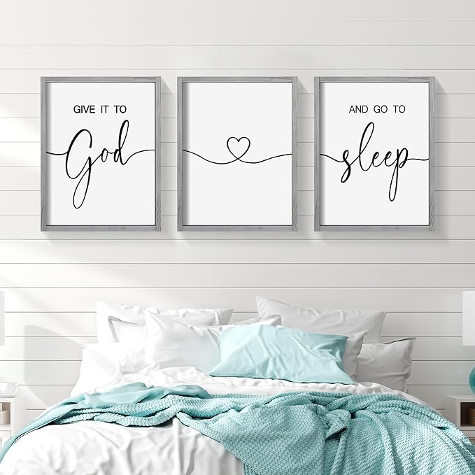 Heiple Give It to God and Go to Sleep Sign Set of 3 Above Bed Wall Decor Farmhouse Bedroom Decor Wood FramedArt Rustic Master Bedroom Essentials Home Decoration (Gray, 11”x14”)