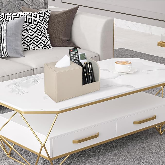 PU Leather Tissue Box Cover with Remote Control Holder, Square Tissue Box Holder for Living Room Bathroom Office (Dark Beige)