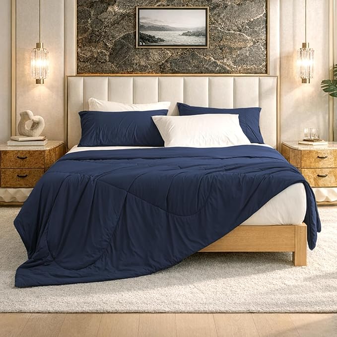 Cozy Bliss Cooling Comforter Queen Size, Cooling Blankets for Hot Sleepers and Night Sweats, Dark Blue Summer Comforter for Queen Size Bed, Breathable Soft Lightweight Silk Smooth