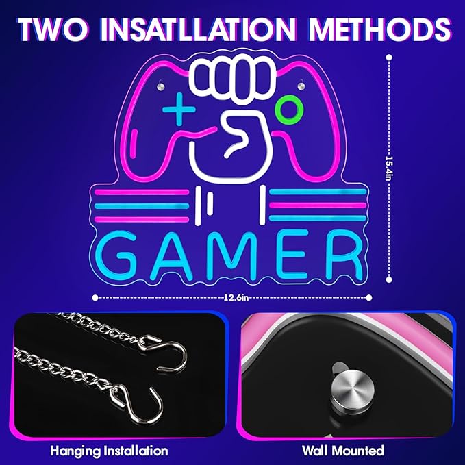 Gamer Neon Sign, Bright and Dimmable Large Colorful Neon Light for Gaming Video Room Bedroom Wall Decor, USB Powered LED Game Room Night Lights Gift for Boys Teen Kids Gamers(15.4X12.6") (Gamer)