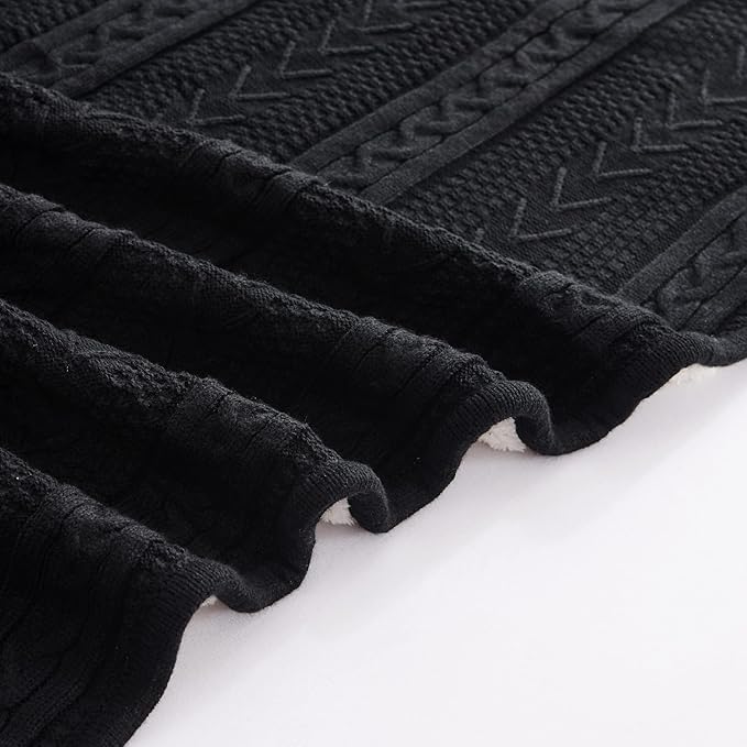 Longhui bedding Black Acrylic Cable Knit Sherpa Throw Blanket - Thick, Soft, Big, Cozy Knitted Fleece Blankets for Couch, Sofa, Bed - Large 60 x 80 Inches Coverlet All Season