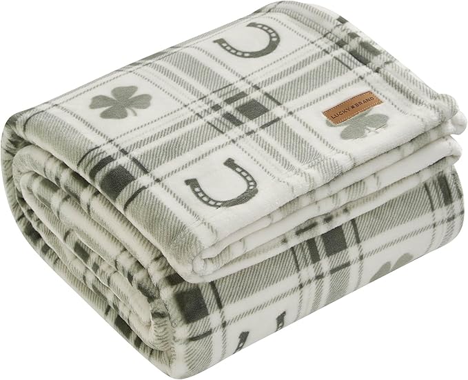 Lucky Brand 50" x 70" Plush Throw Blanket, Clover Horseshoe Plaid Sage Green Blanket for Sofa or Bed