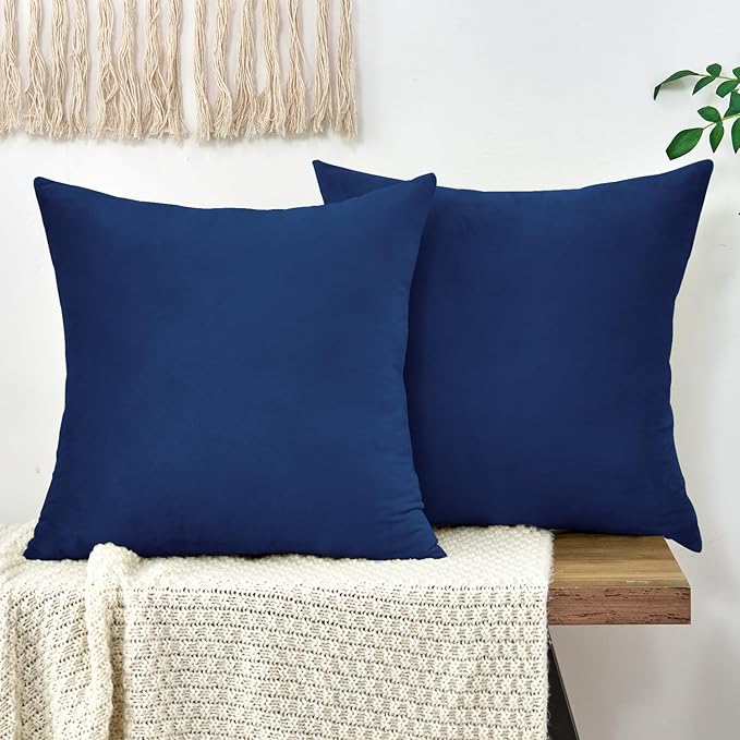 Throw Pillow Covers Decorative Velvet Set of 2 16x16 Inch Pillow Covers, Soft Navy Blue Pillowcases for Couch Sofa Bed Living Room, Farmhouse Home Boho Decor, Square Accent Cushion Covers