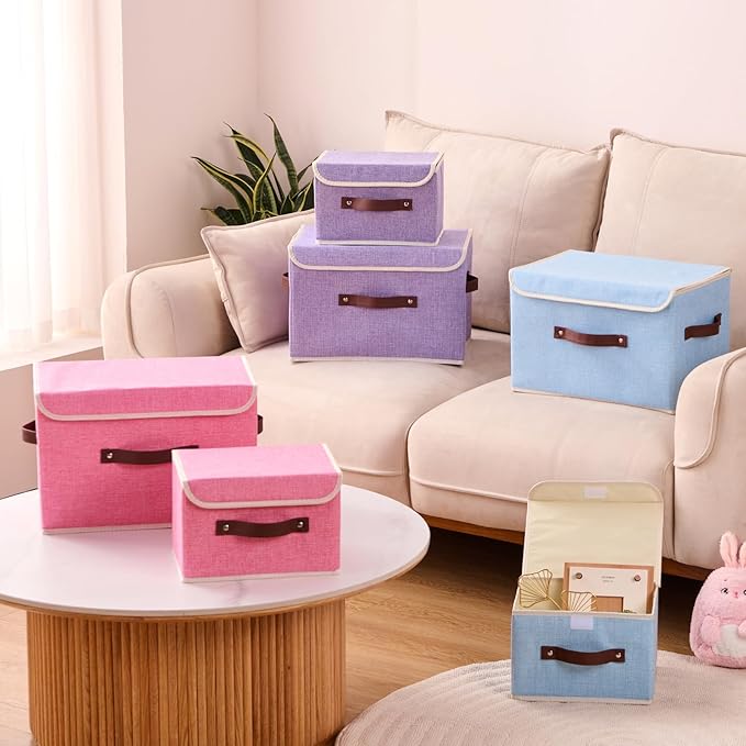 2PCS Storage Boxes with Lid Cotton Linen Fabric Storage Bins Organizer Container Decorative Collapsible Washable Shelf Closet Baskets Faux Leather Handles Home Bedroom (Purple, Large)