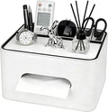 PU Leather Tissue Box Cover Square - Multifunctional Tissue Box Holder with Storage, Tissue and Remote Control Holder Organizer with Compartments for Bedroom Nightstand, Desk, Living Room (White)