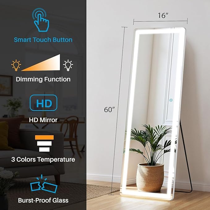 NEWBULIG Full Length Mirror with Stand 16"×60", LED Light Floor Standing with 3 Color Lighting for Bedroom Body Hanging Modern Simple Home Decor Wall Living Room Cloakroom