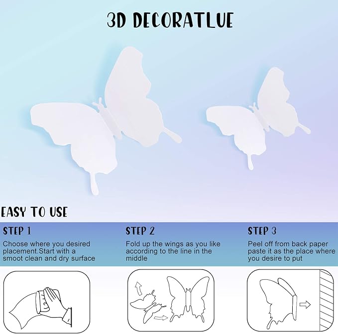 BBTO 48 Pieces Butterfly Wall Decor DIY 3D Mirror Butterfly Stickers Removable Decals Crafts for Birthday Party Bedroom School Bathroom Living Room Decor(White)