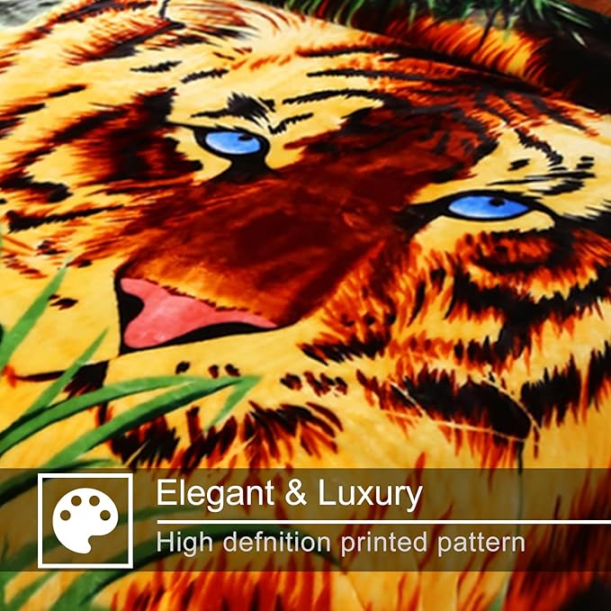 JYK Soft Fleece Bed Blanket King Size 5.7LB, Korean Style 2 Ply Reversible 520GSM Silky Plush Blanket Microfiber, Warm Cozy Blanket for Autumn, Winter 83x91 Inches - Green Tiger/Brown Tiger