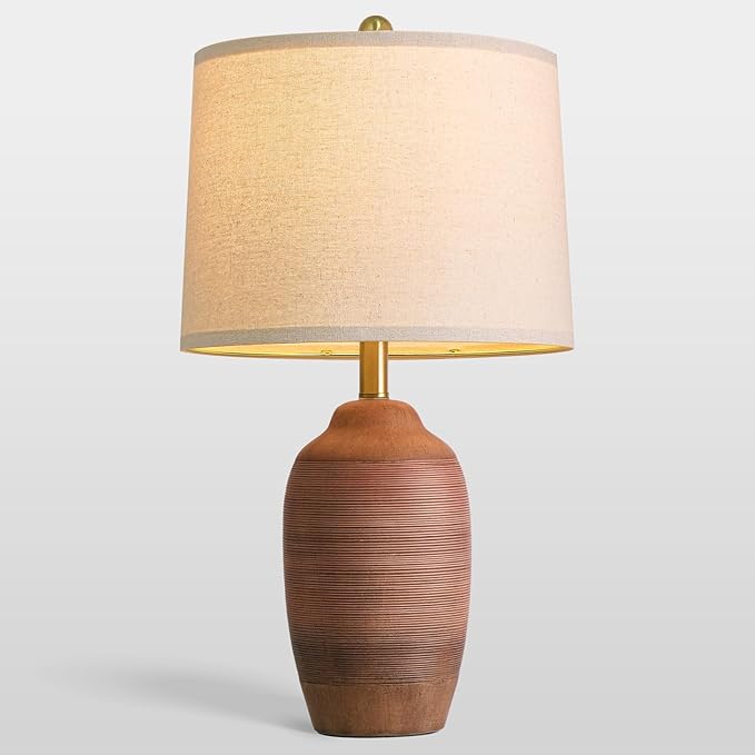 24.5" Reddish-Brown Handcrafted Ceramic Table Lamp with 5FT Cord,Single Farmhouse Vintage Rustic Lamp with Linen Drum Shade, Earth Tone Bedside Lamp for Bedroom Living Room Entryway,Bulb Not Included