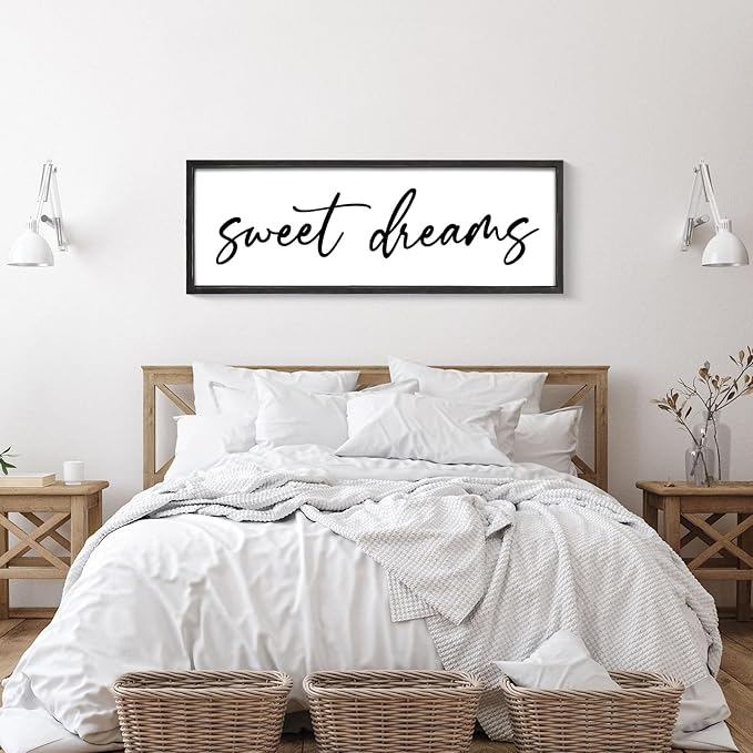 Sweet Dreams Wall Decor Above Bed 42''×15'' Large Bedroom Sign Farmhouse Bedroom Wall Sign Wood Framed Guest Room Decor Master Bedroom Wall Decoration (Black)