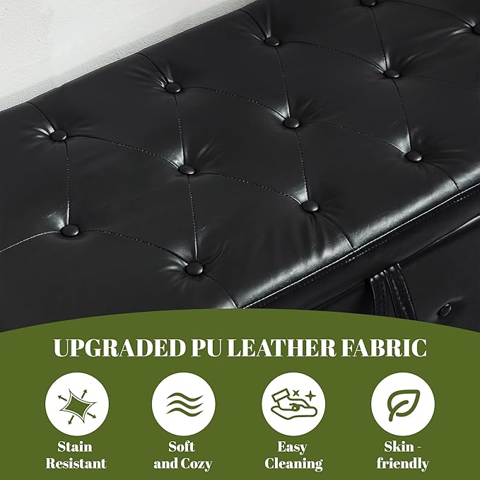 48" PU Leather Storage Ottoman Benches for Bedroom,Tufted Ottomans with Storage for Living Room,Mid Century Modern Bench with Seating for Entryway,Window,Bedside (PU Black, 48 inch)