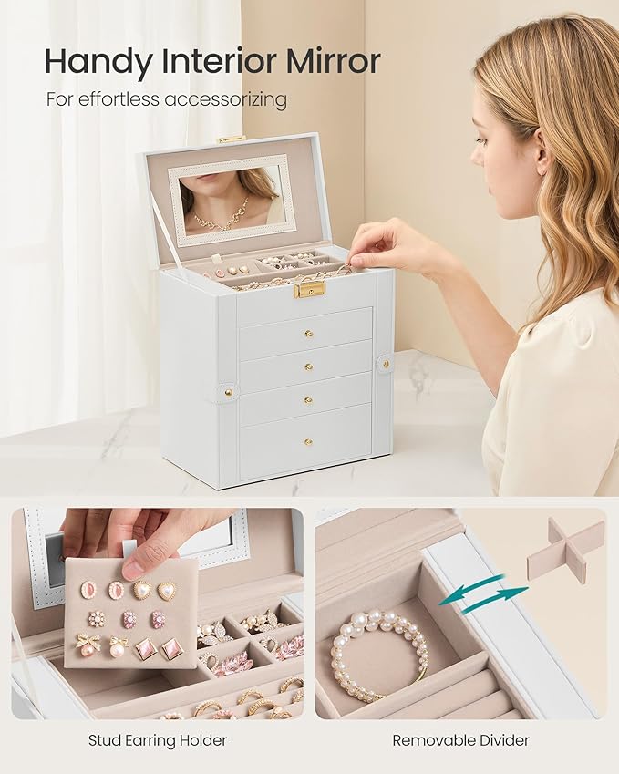 SONGMICS 5-Layer Jewelry Box Organizer with 4 Drawers, Jewelry Storage Case with Lock and Mirror, Large Storage Capacity, Gift for Loved Ones, for Necklaces, Watches, Cream White UJBC153WD01S