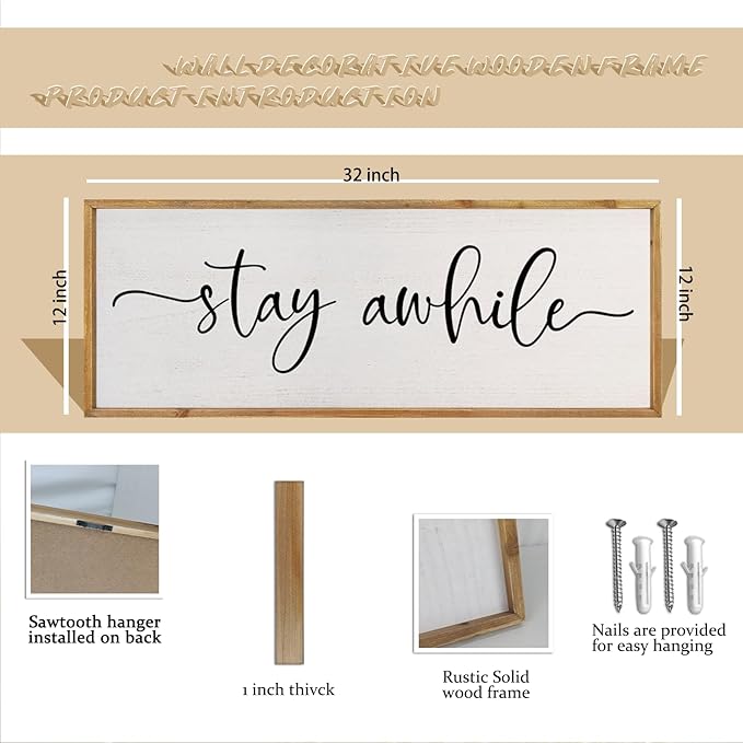 comurdyo Living Room Wall Decor Stay Awhile Sign 32"×12" Lets Stay Family Home Large Vintage Farmhouse Simple Wood Frame for Entryway Hallway Plaque Horizontal Art Hangin (Wood)