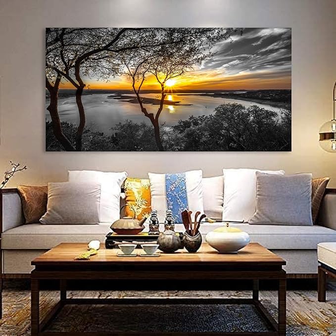 Bamdeya Black and White Canvas Wall Art Bedroom Lake Tree Print Art Forest Gold Sunset Poster Picture Natural Scenery Artwork Landscape Painting Living Room Wall Decor Modern Home Decor Framed