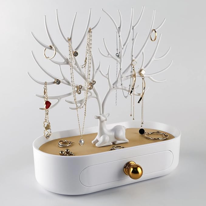 MORE&LESS Antlers Jewelry Display Stand with Aluminium alloy handle, Tree Tower Rack Hanging Organizer for Ring Earrings Necklace Bracelet, Deer Horn Tree Stand with Storage Drawer and Tray