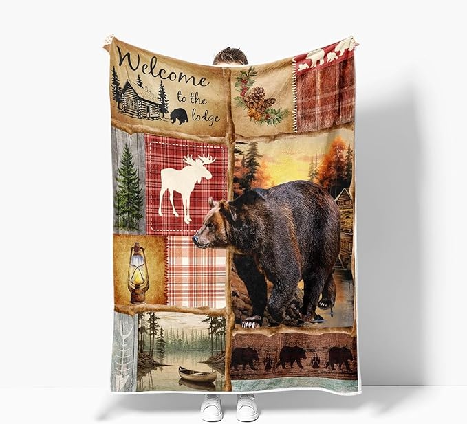 JAWO Rustic Cabin Throw Blankets, Farmhouse Country Antique Bear Moose Forest Vintage Cozy Warm Bed Couch Blanket，Hunting Camping Theme Fleece Flannel Throws to Decorate The Room and Bedroom 60X80IN