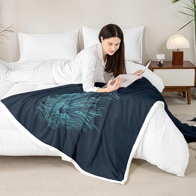 Nautical Lighthouse Fleece Blanket, Sea Wave Splash Spray Flying Birds Ocean Navigation Theme Hand Drawn Sherpa Blanket,Decorative Sofa Blanket Throw Lightweight, Throw 50"x60", Blue Black