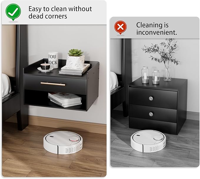 Bamboo Floating Nightstand with Storage Drawer and Modern Open Shelf Cubby，Bedroom, Living Room, Kitchen, Tool Room for use. (Black, Assembly)
