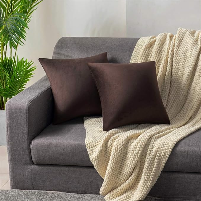 DEZENE Throw Pillow Covers 16x16 Chocolate Brown: Pack of 2 Cozy Soft Velvet Square Modern Luxury Decorative Throw Pillow Cases for Sofa Couch Living Room Bed Home Decor