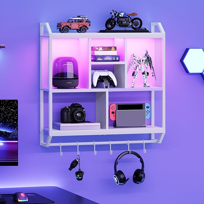 HOOBRO Gaming Floating Shelves with LED Lights, 28.7" LED Wall Mounted Shelf, 3-Tier Display Rack for Wall Storage, Floating Rack with Hanging Rod and 6 S-Hooks, for Gaming Room, White WT70DBJ01