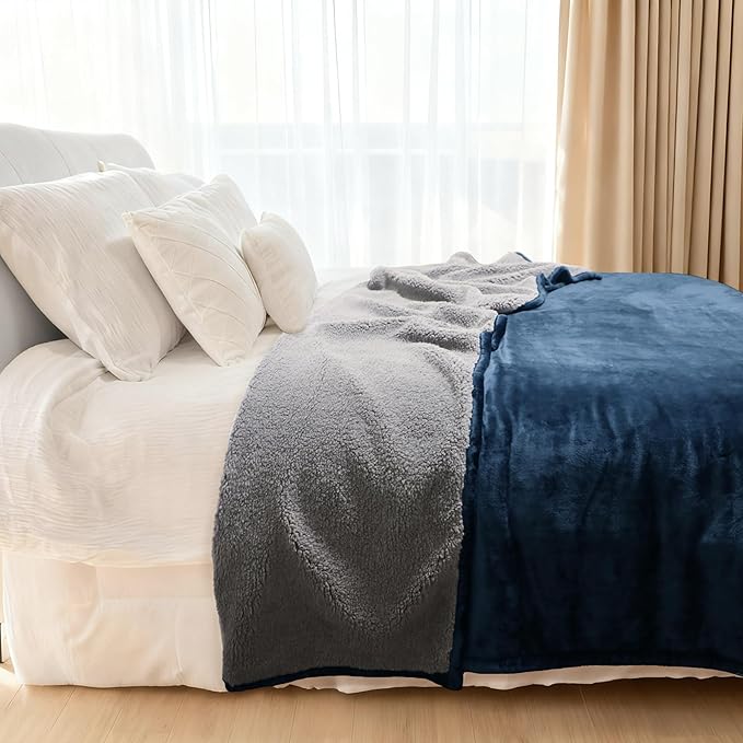 Genteele Sherpa Throw Blanket Super Soft Reversible Ultra Luxurious Plush Blanket, 90 x 90 inches, Navy/Gray