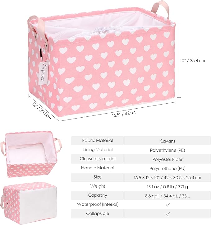 Hinwo Large Canvas Fabric Storage Basket with Handles, 33L/8.6-Gal Rectangle Bin, Collapsible Storage Box, Clothes, Toys, Blankets Organizer, 16.5 x 12 x 10 Inches (L, Pink Heart)