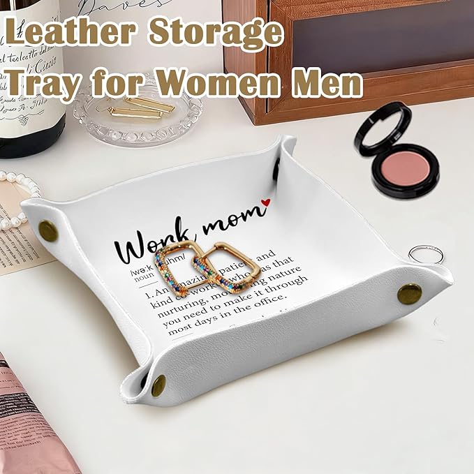 Work Mom Gifts Leather Jewelry Valet Tray,Best Mom Gift from Son Daughter PU Leather Catchall Beside Caddy Nightstand Organizer Tray for Jewelry Rings Watches Keys and Accessories,7.8x7.8inch